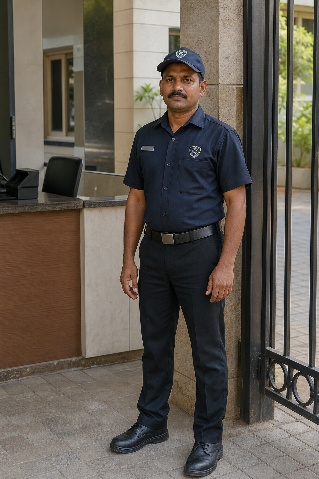 Indian Shreeji security guard on duty at a residential society entrance